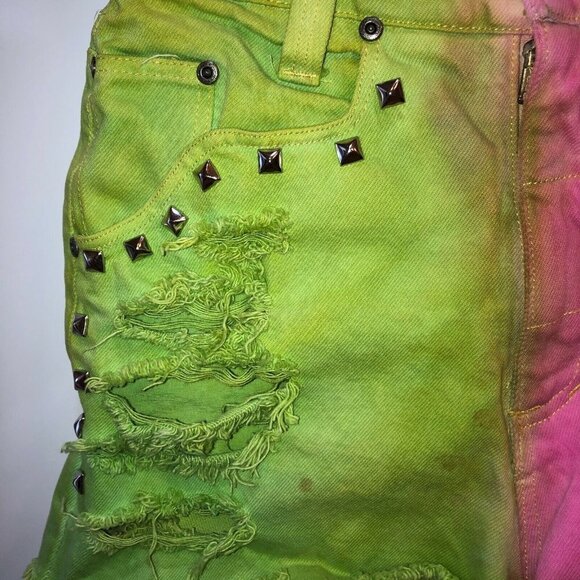 Goodfellows Womens Sz 7/8 Green Pink Studded Distressed Cut Off Rockstar Shorts - Picture 6 of 11